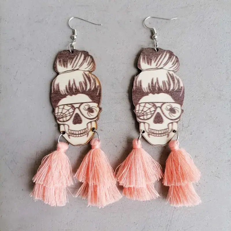 Lovcia Spider Grandma Tassel Detail Dangle Earrings-Earrings-Peach-One Size-Peach