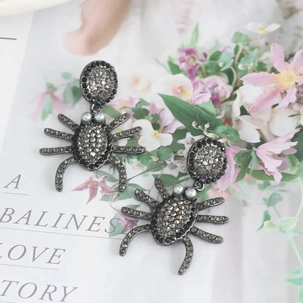 Lovcia Spider Rhinestone Alloy Earrings-Earrings-Black-One Size-Black
