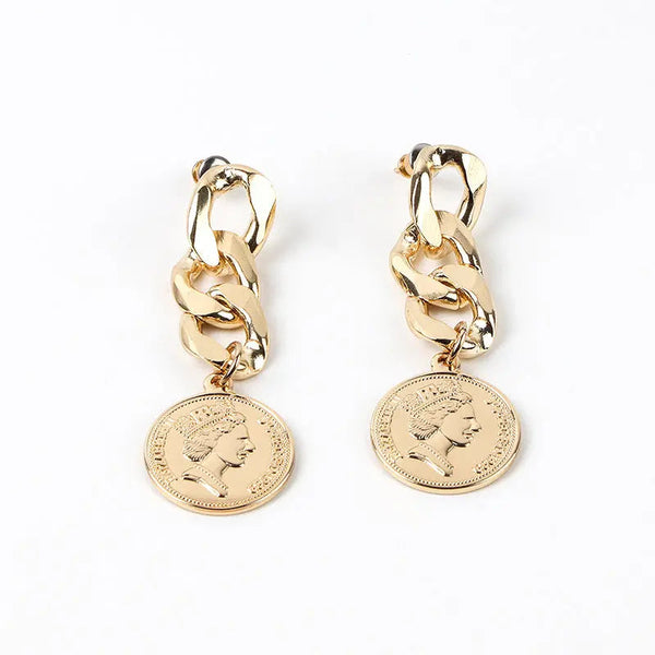 Lovcia Spiral Silver Stud Earrings Chain in Queen Coin and Flower Designs-Earrings-Coin-Coin