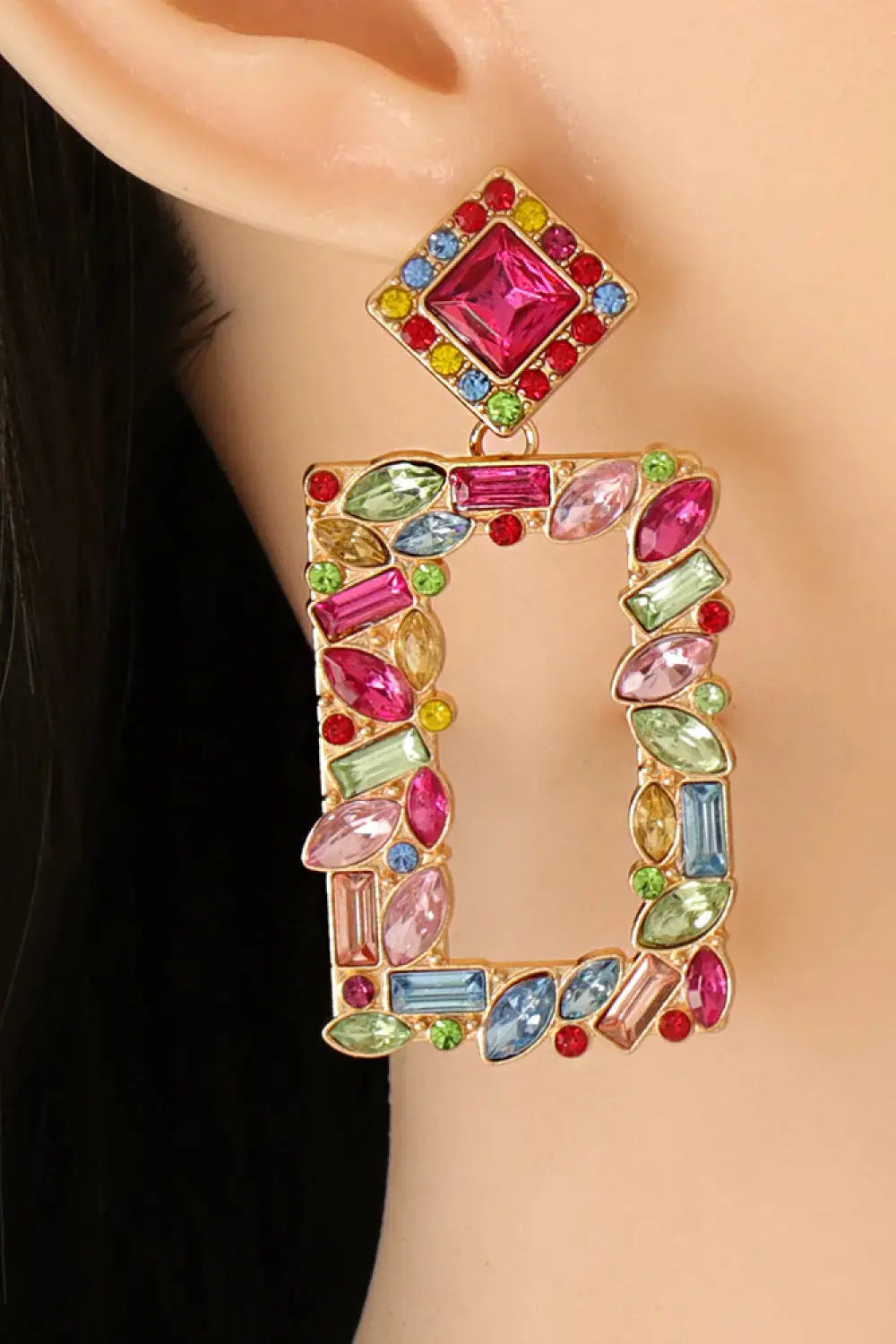 Lovcia Square Shape Glass Stone Dangle Earrings-Earrings-Red-One Size-Red