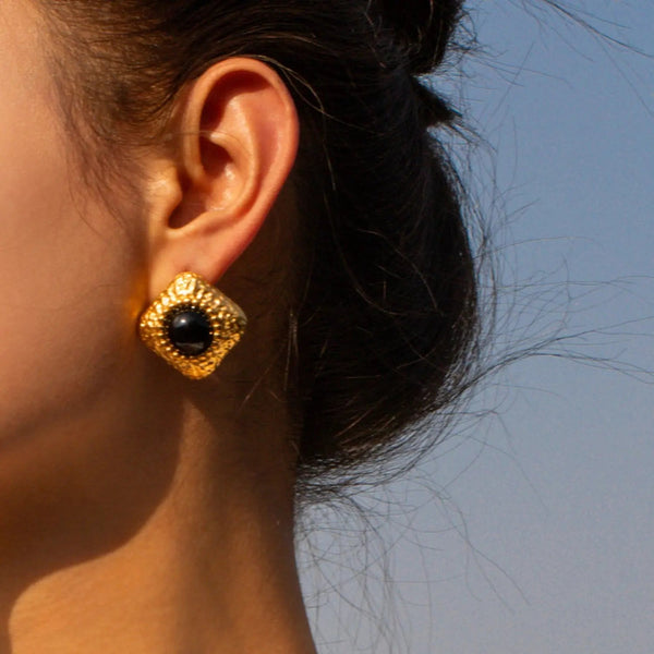 Lovcia Square Stainless Steel Natural Black Onyx Earring-Earrings-Gold-One Size-Gold
