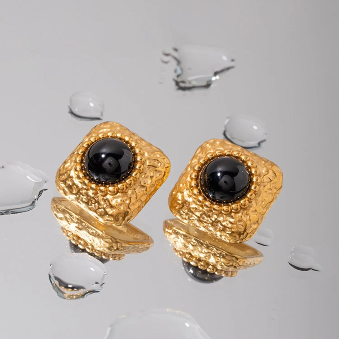 Lovcia Square Stainless Steel Natural Black Onyx Earring-Earrings-Gold-One Size-Gold