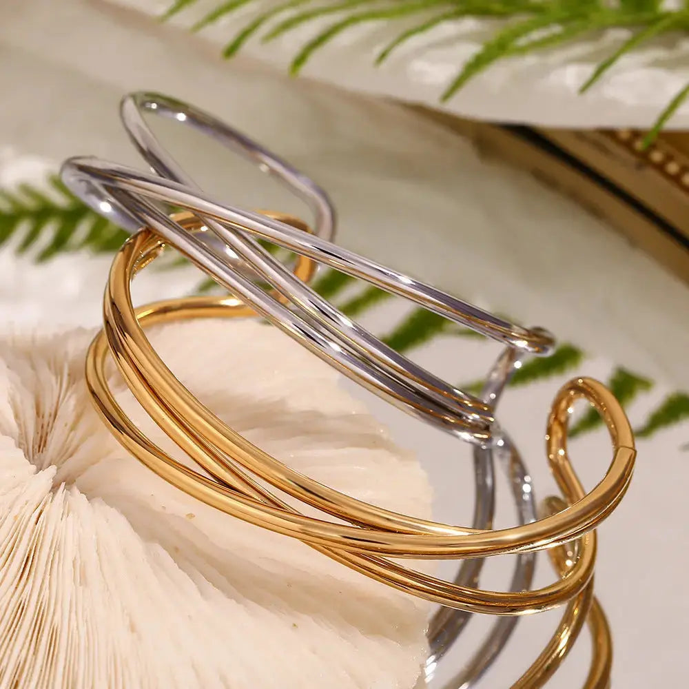 Lovcia Stainless Steel 18K Gold Plated Modern Open-ended Cuff Bangle Bracelet for Women-Bracelets-Gold-Gold