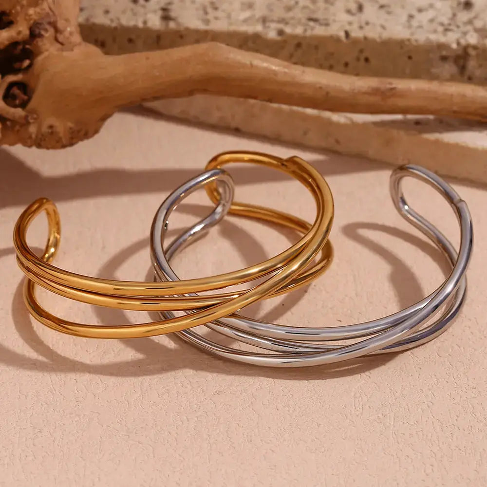 Lovcia Stainless Steel 18K Gold Plated Modern Open-ended Cuff Bangle Bracelet for Women-Bracelets-Gold-Gold