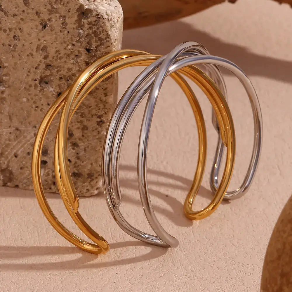 Lovcia Stainless Steel 18K Gold Plated Modern Open-ended Cuff Bangle Bracelet for Women-Bracelets-Gold-Gold