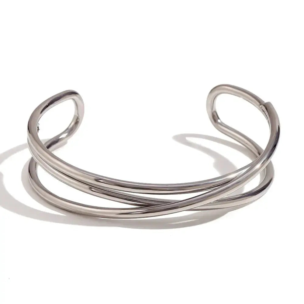 Lovcia Stainless Steel 18K Gold Plated Modern Open-ended Cuff Bangle Bracelet for Women-Bracelets-Silver-Silver