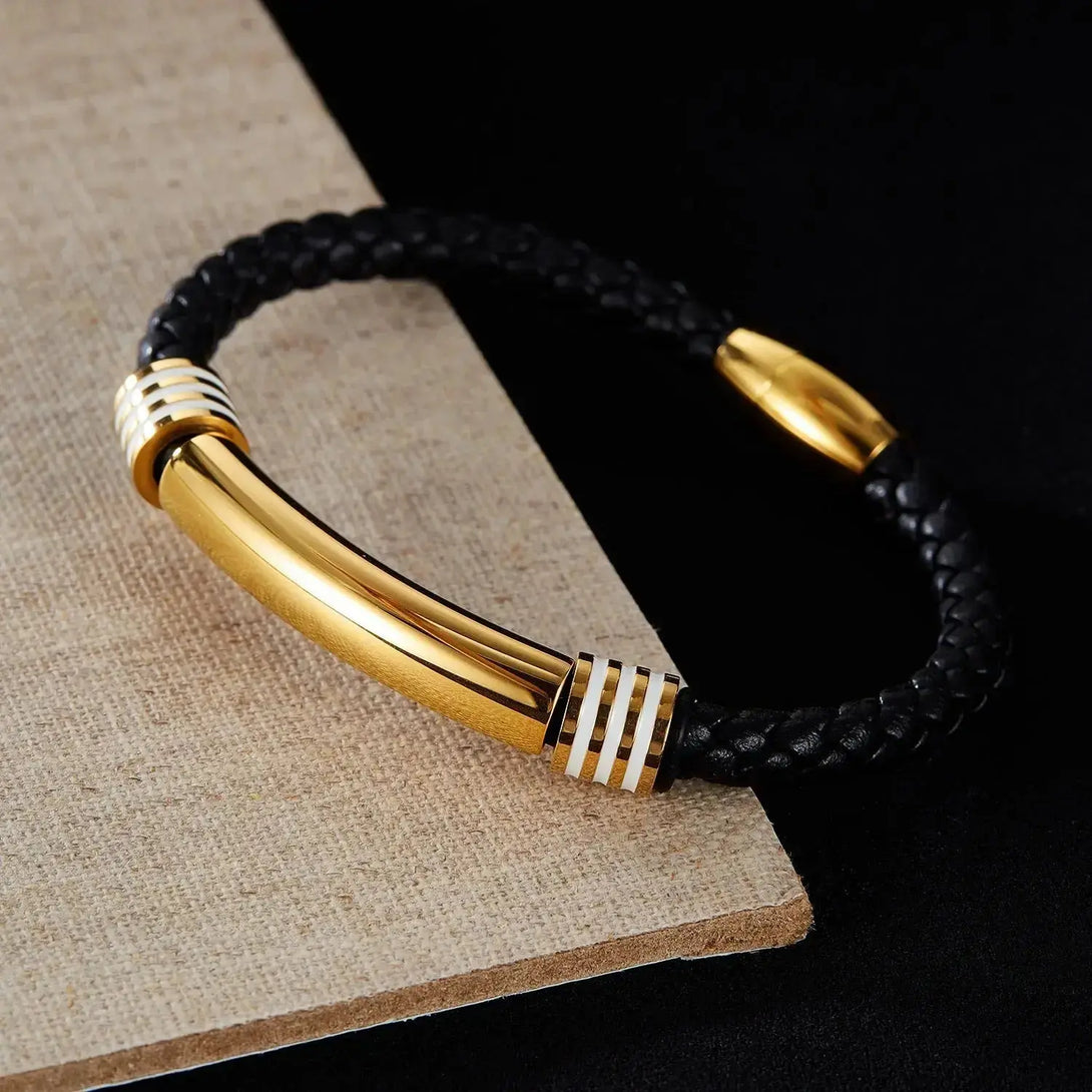 Lovcia Stainless Steel and Synthetic Leather Magnetic Buckle Bracelet for Men - Stylish and Durable Wristband-Bracelets-Gold-Gold