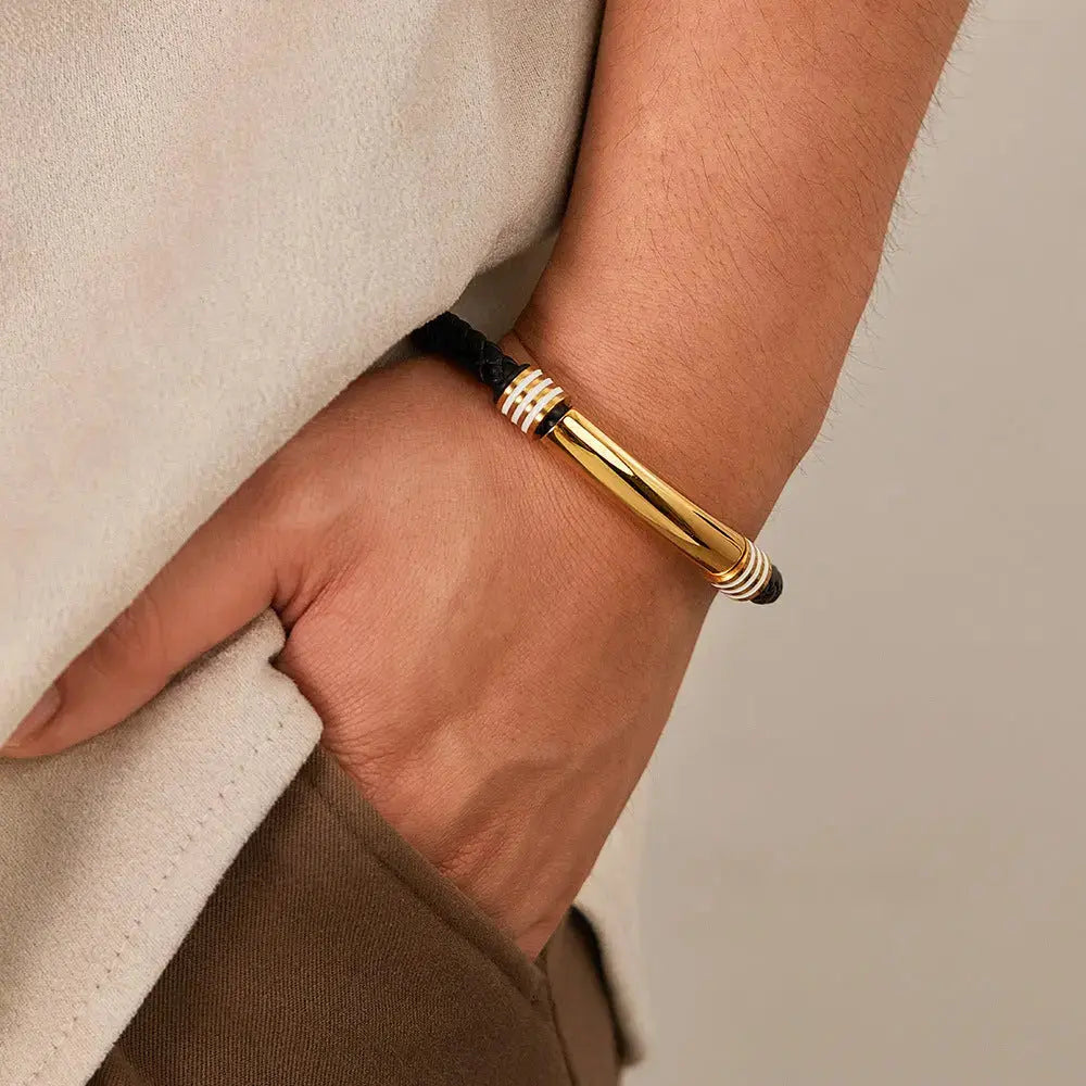 Lovcia Stainless Steel and Synthetic Leather Magnetic Buckle Bracelet for Men - Stylish and Durable Wristband-Bracelets-Silver-Silver