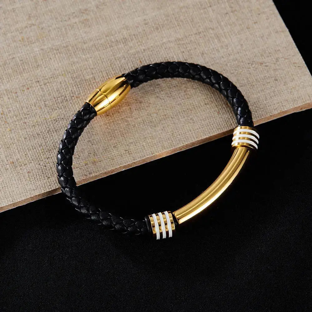 Lovcia Stainless Steel and Synthetic Leather Magnetic Buckle Bracelet for Men - Stylish and Durable Wristband-Bracelets-Silver-Silver