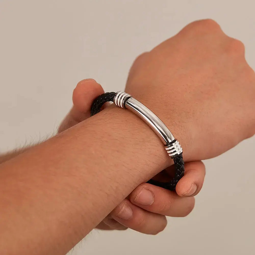 Lovcia Stainless Steel and Synthetic Leather Magnetic Buckle Bracelet for Men - Stylish and Durable Wristband-Bracelets-Silver-Silver
