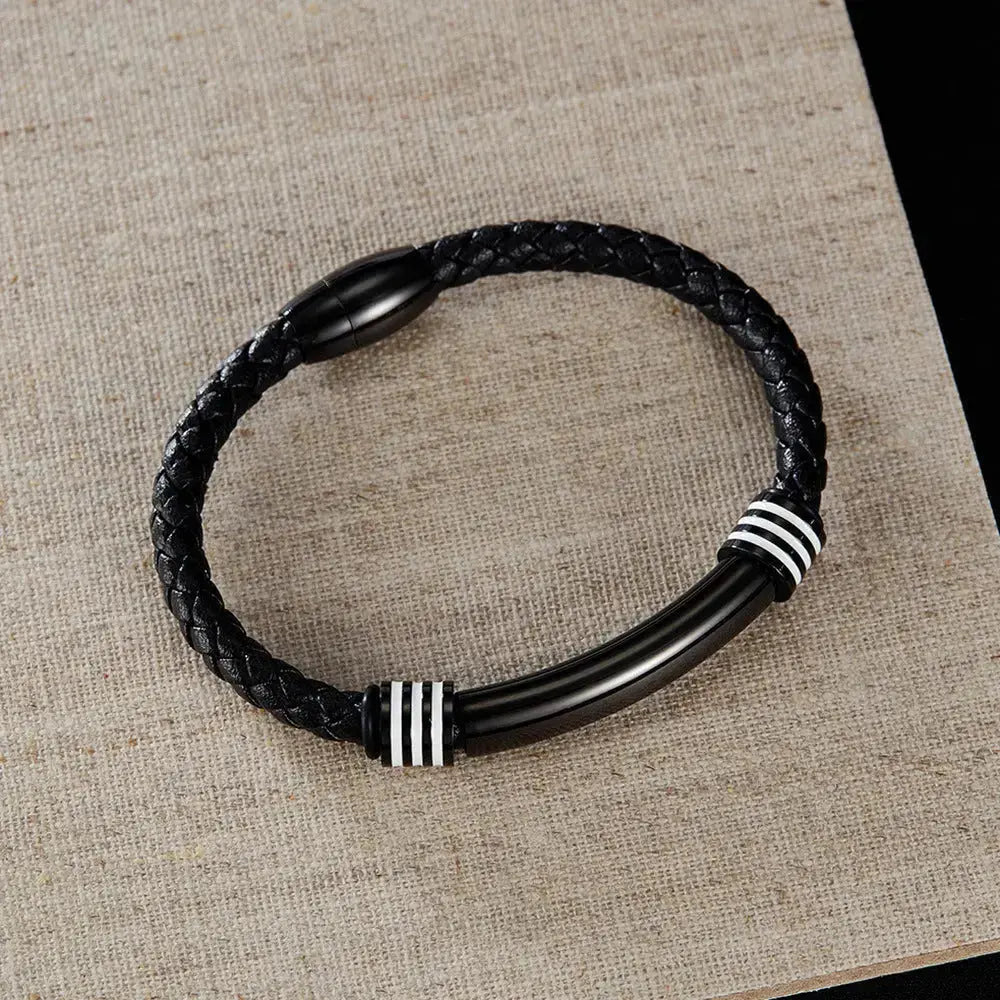 Lovcia Stainless Steel and Synthetic Leather Magnetic Buckle Bracelet for Men - Stylish and Durable Wristband-Bracelets-Silver-Silver