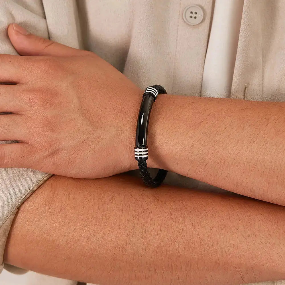 Lovcia Stainless Steel and Synthetic Leather Magnetic Buckle Bracelet for Men - Stylish and Durable Wristband-Bracelets-Silver-Silver