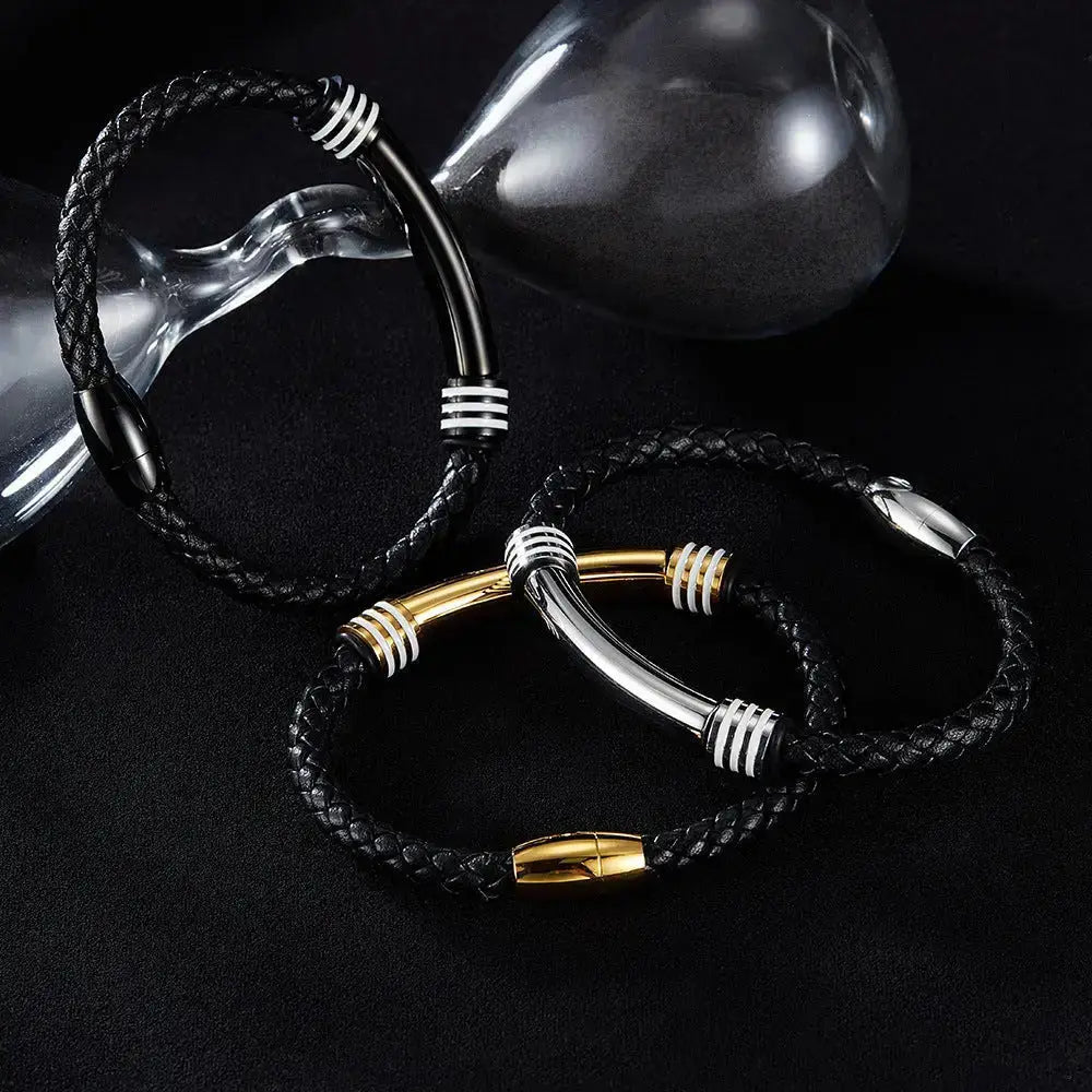 Lovcia Stainless Steel and Synthetic Leather Magnetic Buckle Bracelet for Men - Stylish and Durable Wristband-Bracelets-Silver-Silver