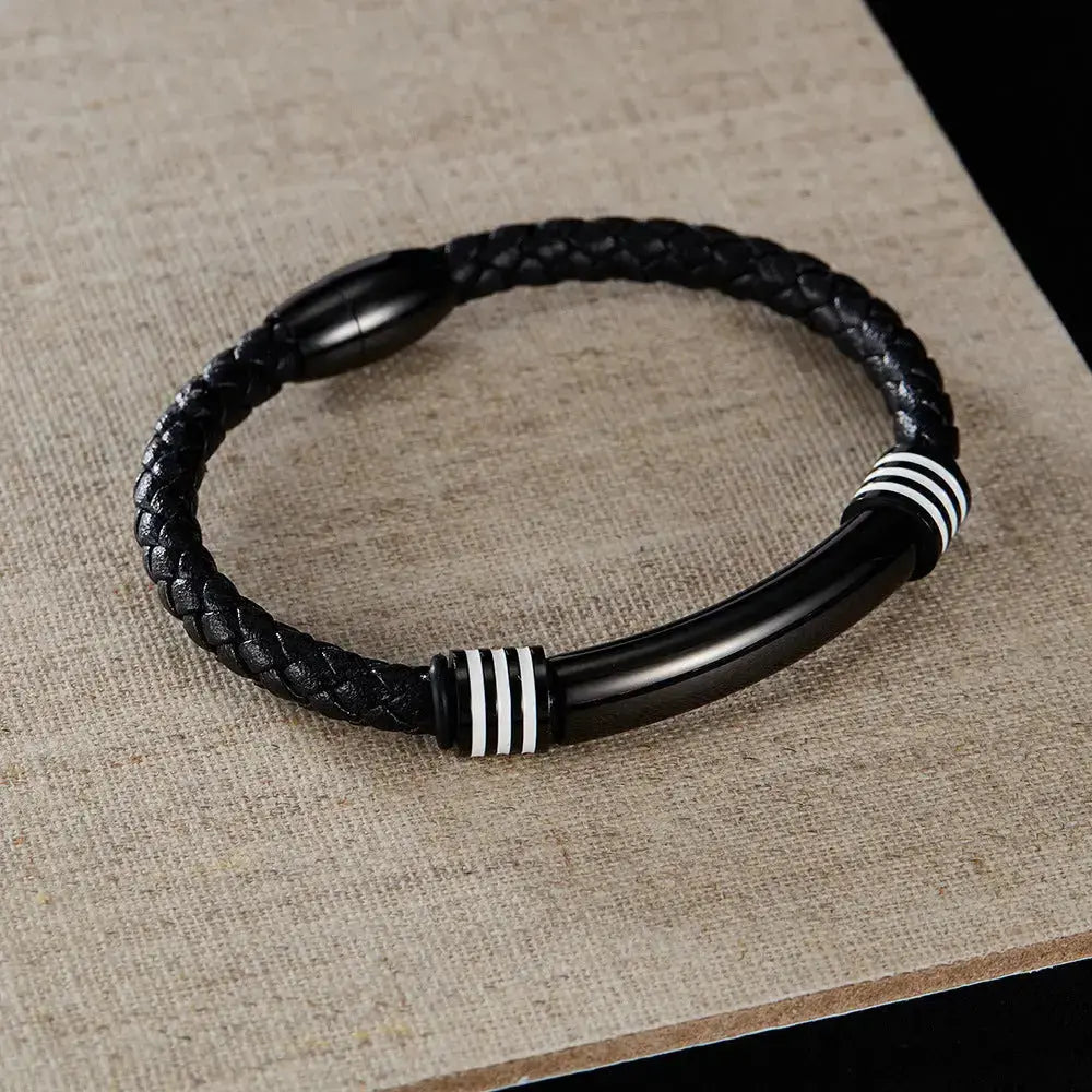 Lovcia Stainless Steel and Synthetic Leather Magnetic Buckle Bracelet for Men - Stylish and Durable Wristband-Bracelets-Silver-Silver