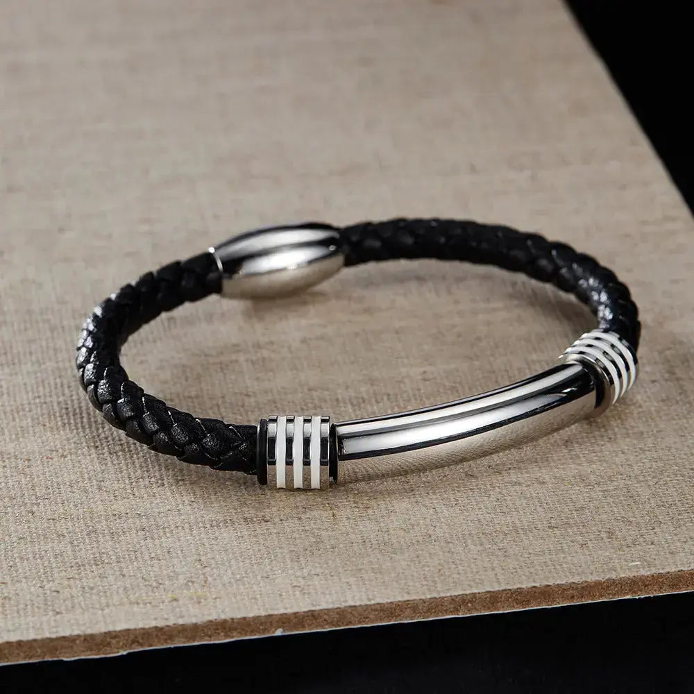 Lovcia Stainless Steel and Synthetic Leather Magnetic Buckle Bracelet for Men - Stylish and Durable Wristband-Bracelets-Silver-Silver