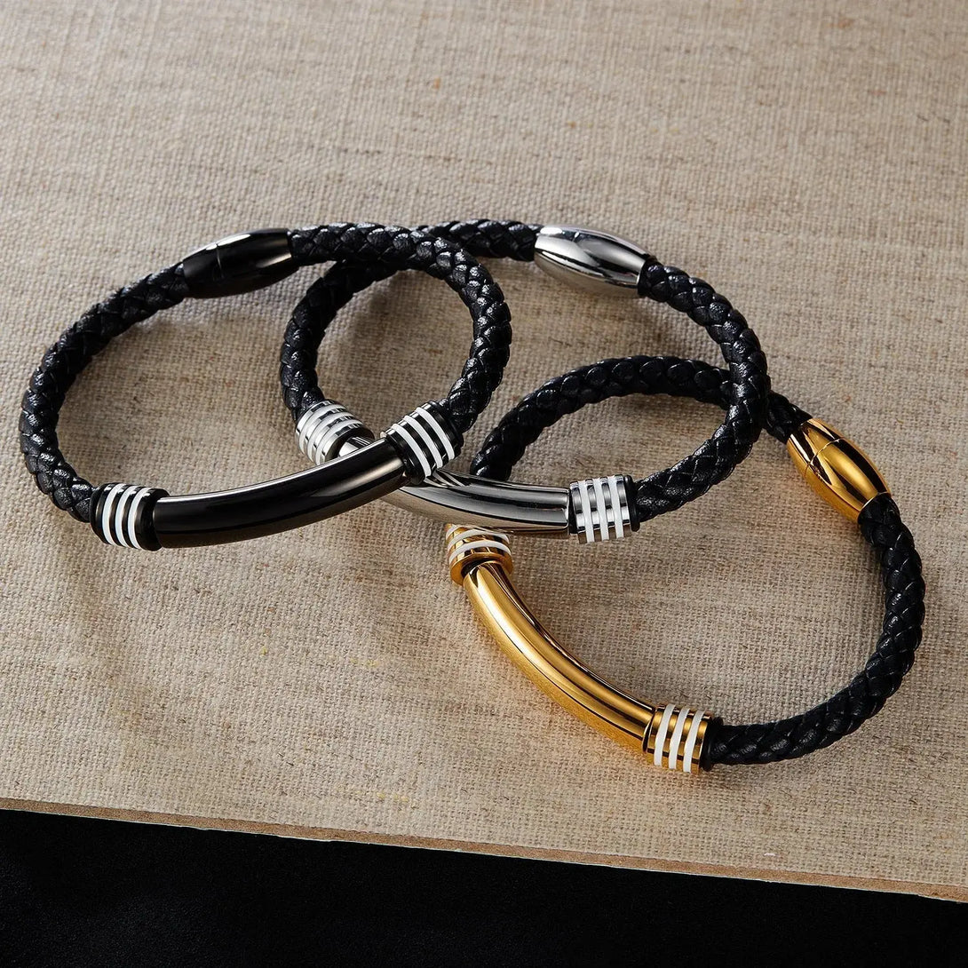 Lovcia Stainless Steel and Synthetic Leather Magnetic Buckle Bracelet for Men - Stylish and Durable Wristband-Bracelets-Silver-Silver