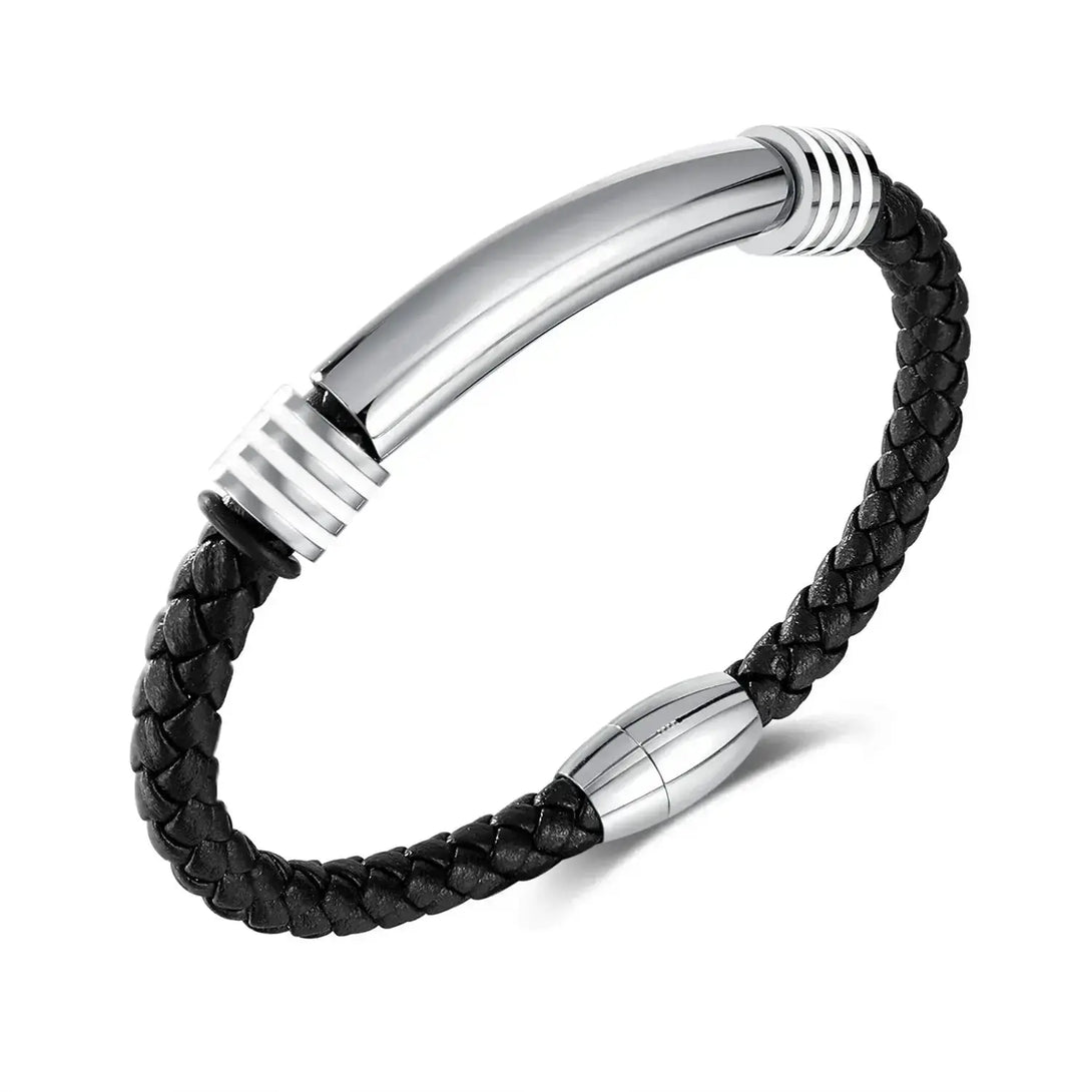 Lovcia Stainless Steel and Synthetic Leather Magnetic Buckle Bracelet for Men - Stylish and Durable Wristband-Bracelets-Silver-Silver