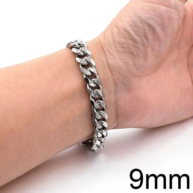 Lovcia Stainless Steel Daily Wear Miami Cuban Link Chain Bracelet for Men-Bracelets-9mm Titanium Steel Bracelet-18cm-9mm Titanium Steel Bracelet