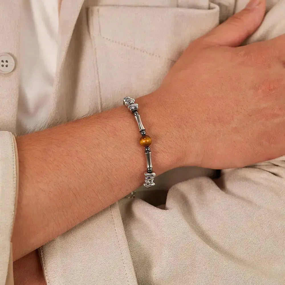 Lovcia Stainless Steel Hematite Beaded Men's Bracelet with Tiger Eye Gemstone - Modern and Stylish Bracelet for Men-Bracelets-Silver-Silver