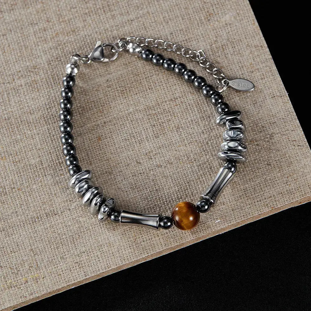 Lovcia Stainless Steel Hematite Beaded Men's Bracelet with Tiger Eye Gemstone - Modern and Stylish Bracelet for Men-Bracelets-Silver-Silver