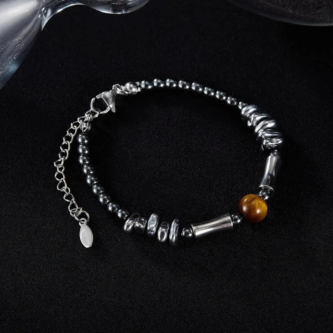 Lovcia Stainless Steel Hematite Beaded Men's Bracelet with Tiger Eye Gemstone - Modern and Stylish Bracelet for Men-Bracelets-Silver-Silver