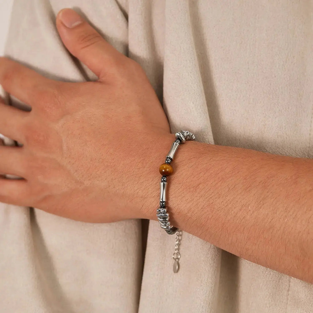 Lovcia Stainless Steel Hematite Beaded Men's Bracelet with Tiger Eye Gemstone - Modern and Stylish Bracelet for Men-Bracelets-Silver-Silver