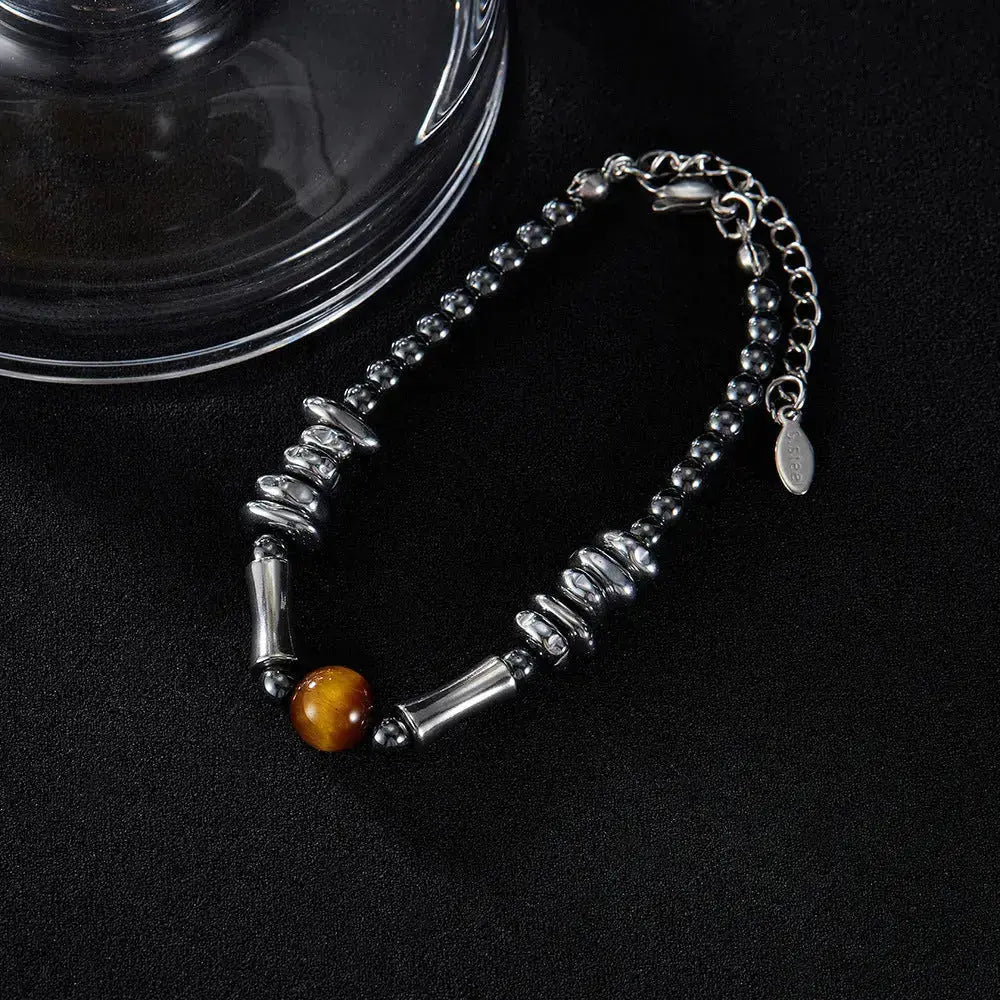 Lovcia Stainless Steel Hematite Beaded Men's Bracelet with Tiger Eye Gemstone - Modern and Stylish Bracelet for Men-Bracelets-Silver-Silver