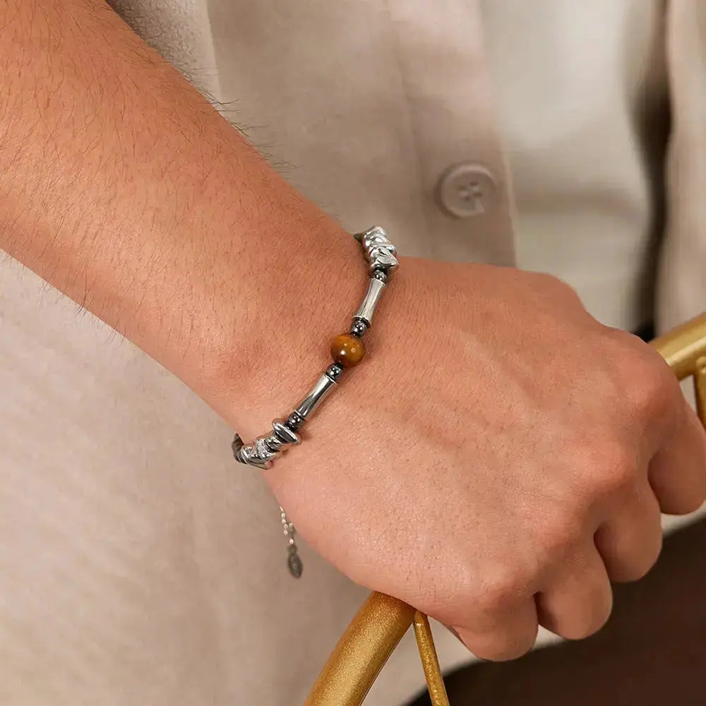 Lovcia Stainless Steel Hematite Beaded Men's Bracelet with Tiger Eye Gemstone - Modern and Stylish Bracelet for Men-Bracelets-Silver-Silver