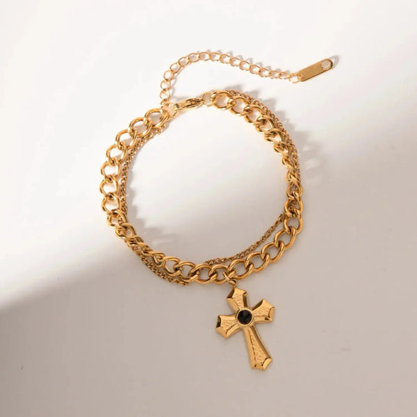 Lovcia Stainless Steel Imitation Gemstone Cross Shape Pendant Bracelet-Bracelets-Gold-One Size-Gold