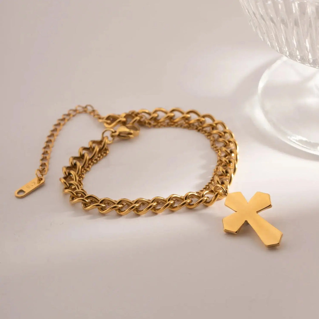 Lovcia Stainless Steel Imitation Gemstone Cross Shape Pendant Bracelet-Bracelets-Gold-One Size-Gold