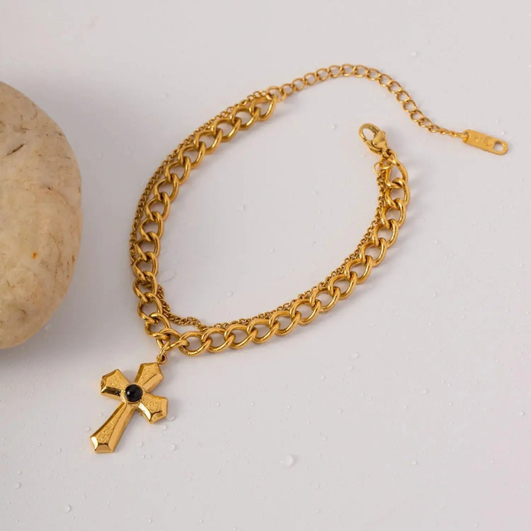 Lovcia Stainless Steel Imitation Gemstone Cross Shape Pendant Bracelet-Bracelets-Gold-One Size-Gold