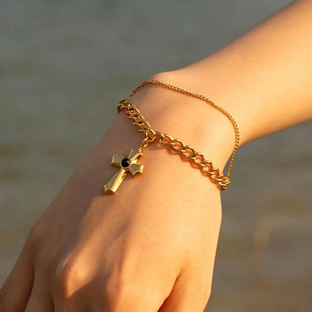 Lovcia Stainless Steel Imitation Gemstone Cross Shape Pendant Bracelet-Bracelets-Gold-One Size-Gold