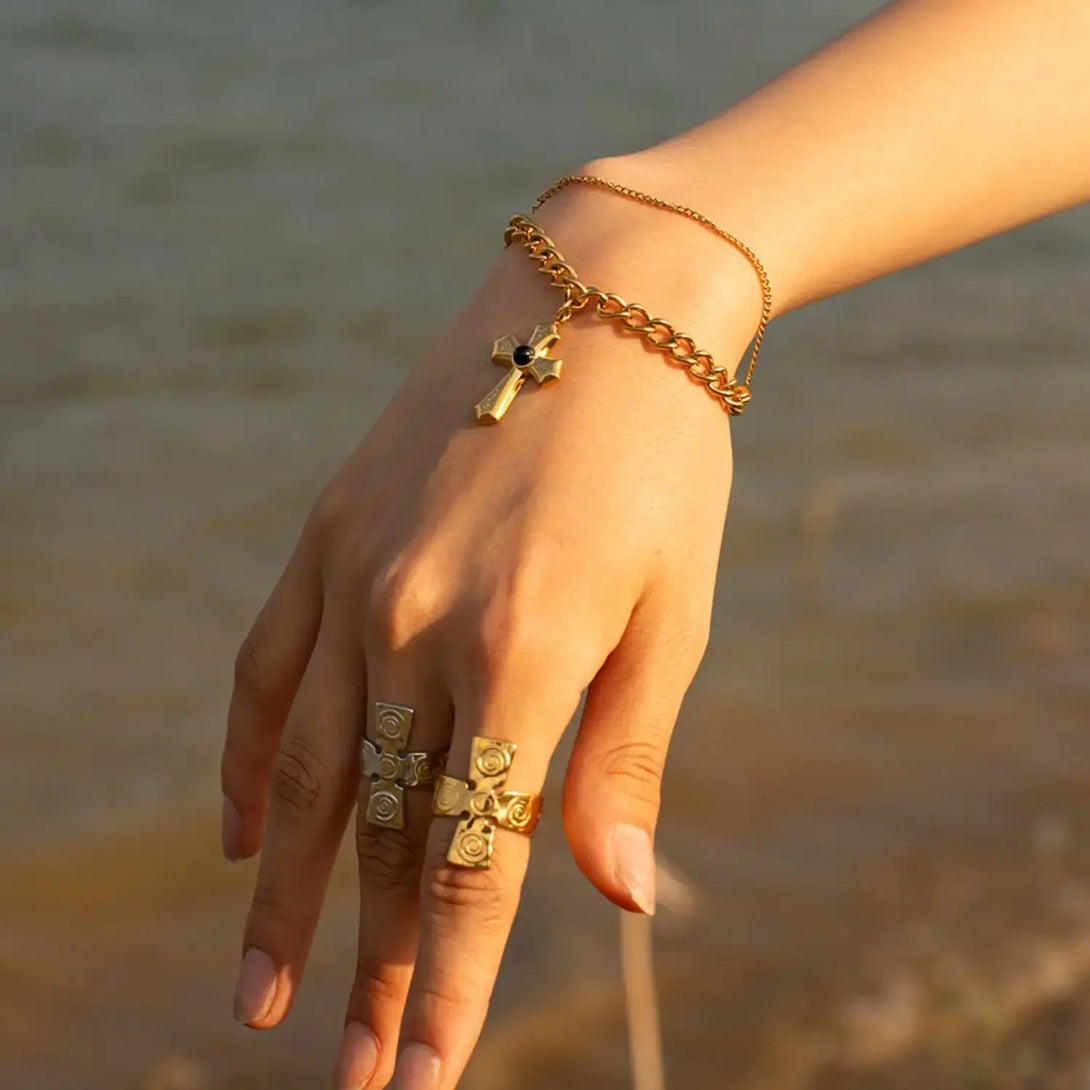 Lovcia Stainless Steel Imitation Gemstone Cross Shape Pendant Bracelet-Bracelets-Gold-One Size-Gold
