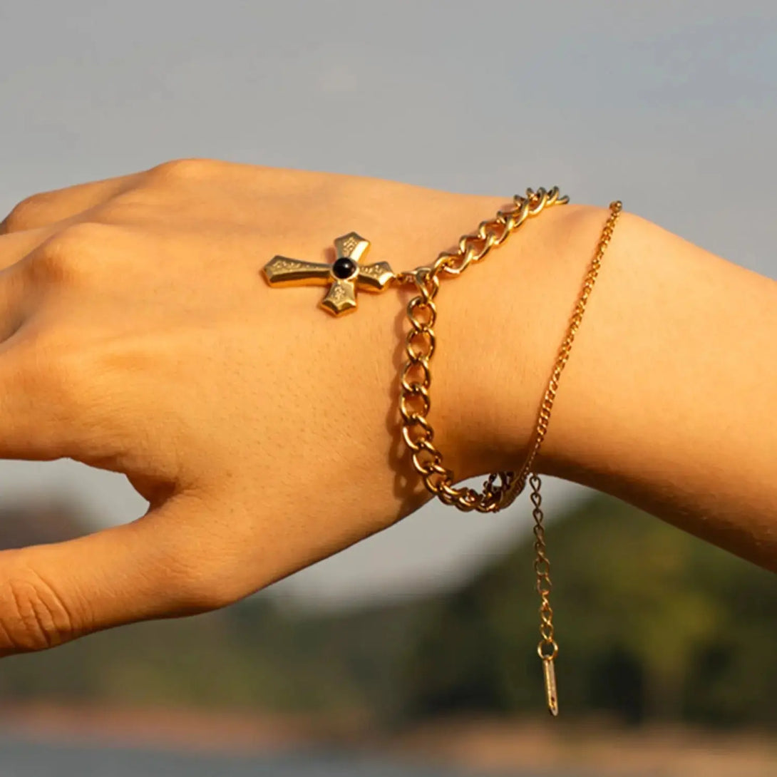 Lovcia Stainless Steel Imitation Gemstone Cross Shape Pendant Bracelet-Bracelets-Gold-One Size-Gold
