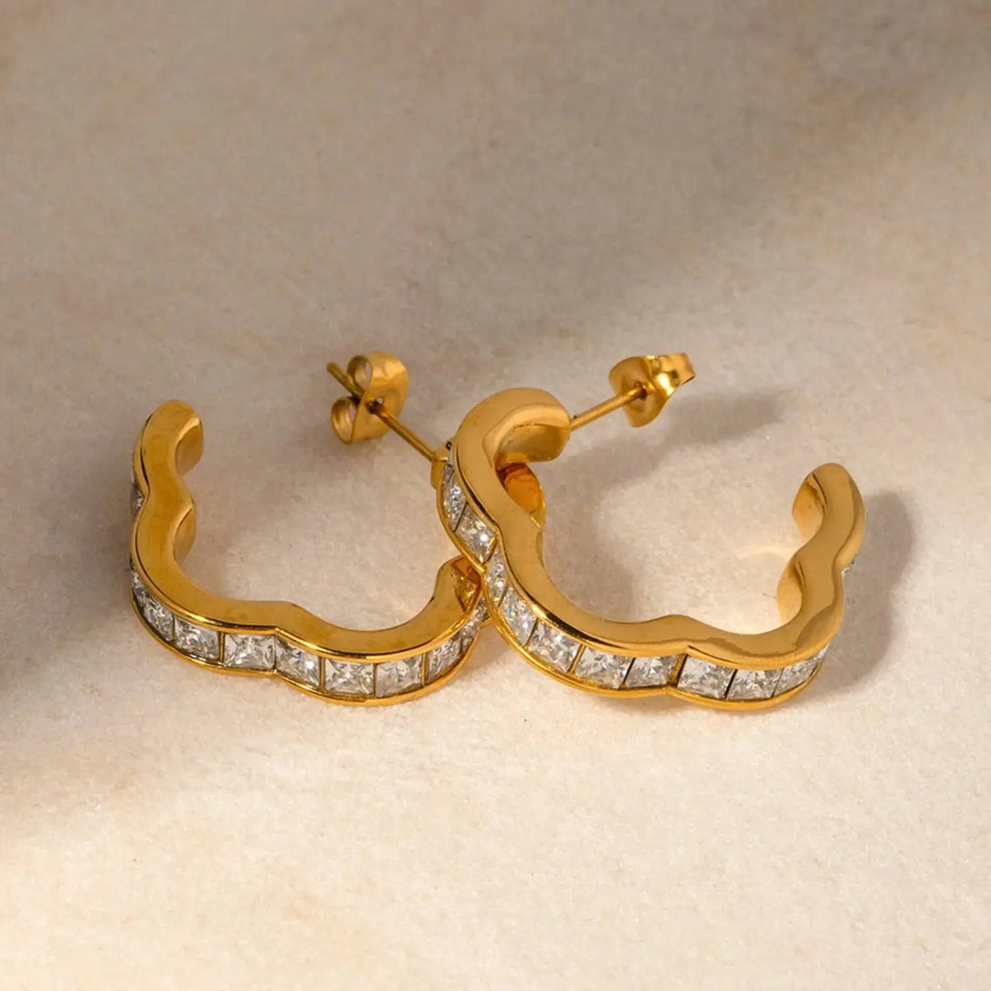 Lovcia Stainless Steel Inlaid Zircon C-Hoop Earrings-Earrings-Gold-One Size-Gold