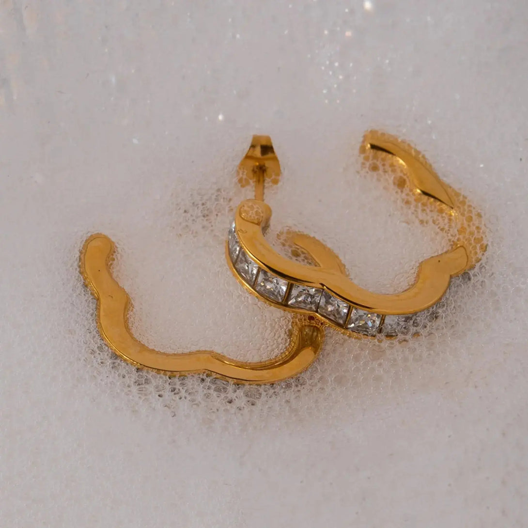 Lovcia Stainless Steel Inlaid Zircon C-Hoop Earrings-Earrings-Gold-One Size-Gold