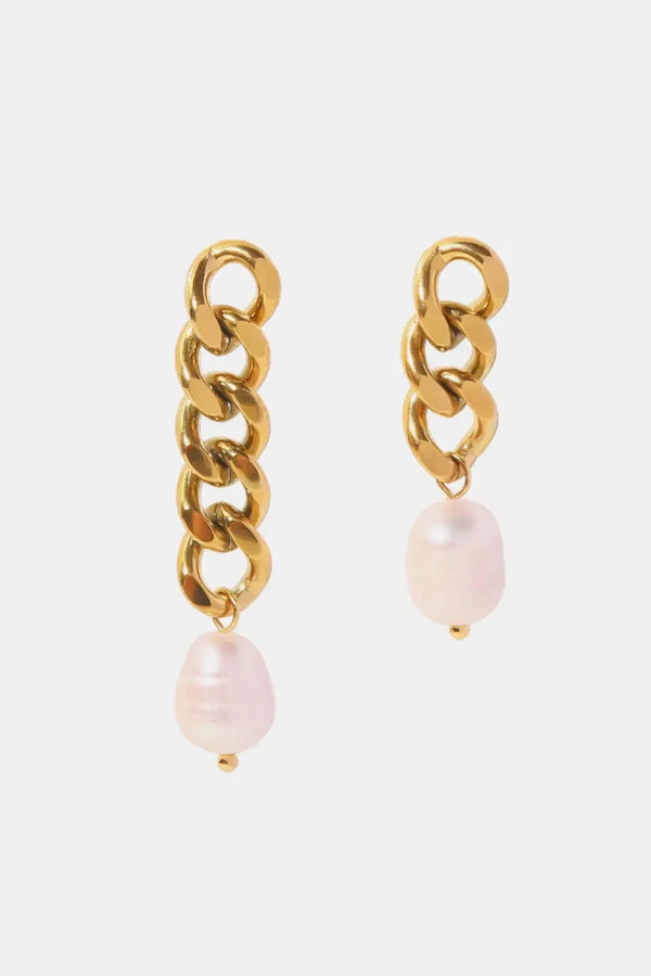 Lovcia Stainless Steel Pearl Asymmetrical Earrings-Earrings-Gold-One Size-Gold