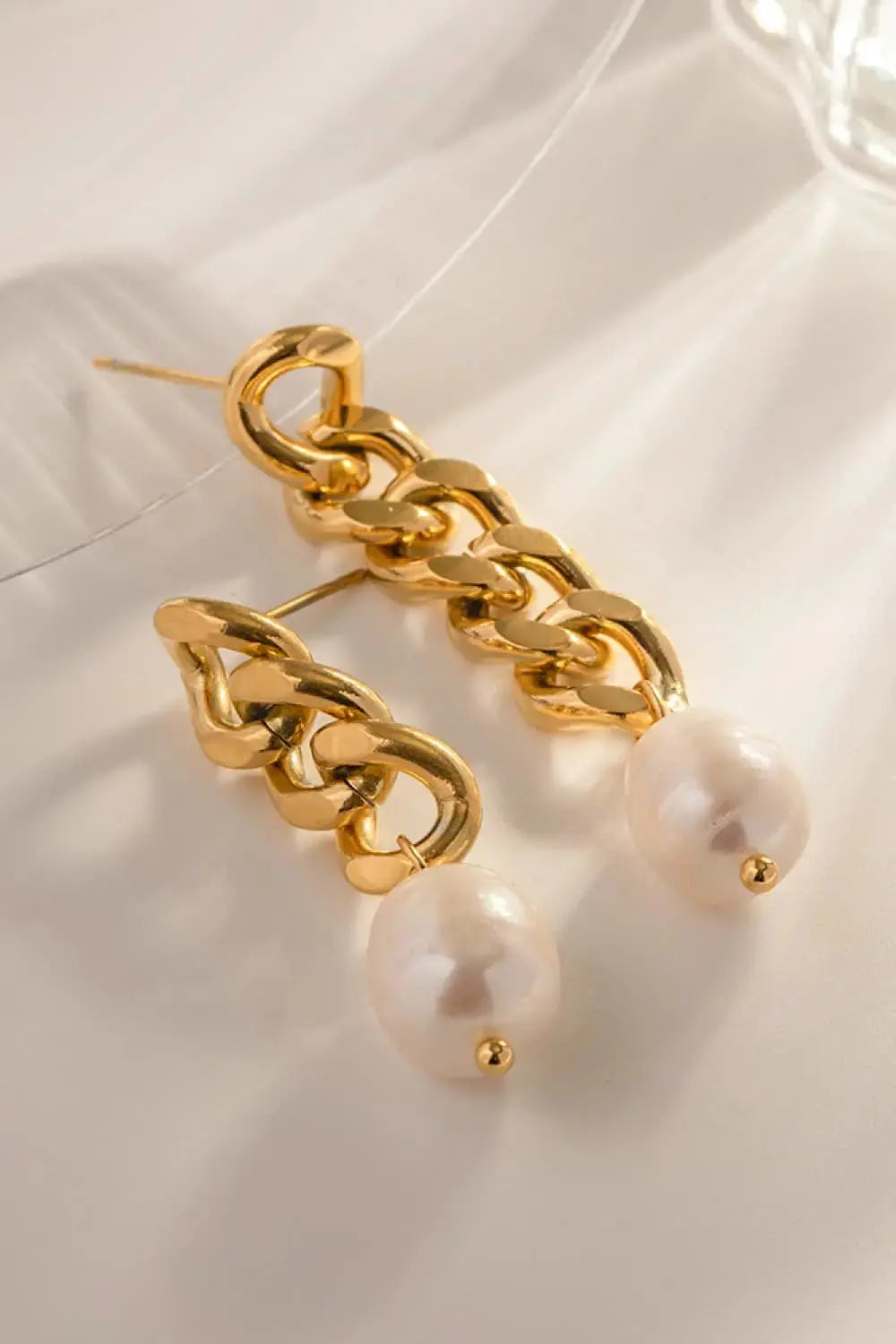 Lovcia Stainless Steel Pearl Asymmetrical Earrings-Earrings-Gold-One Size-Gold