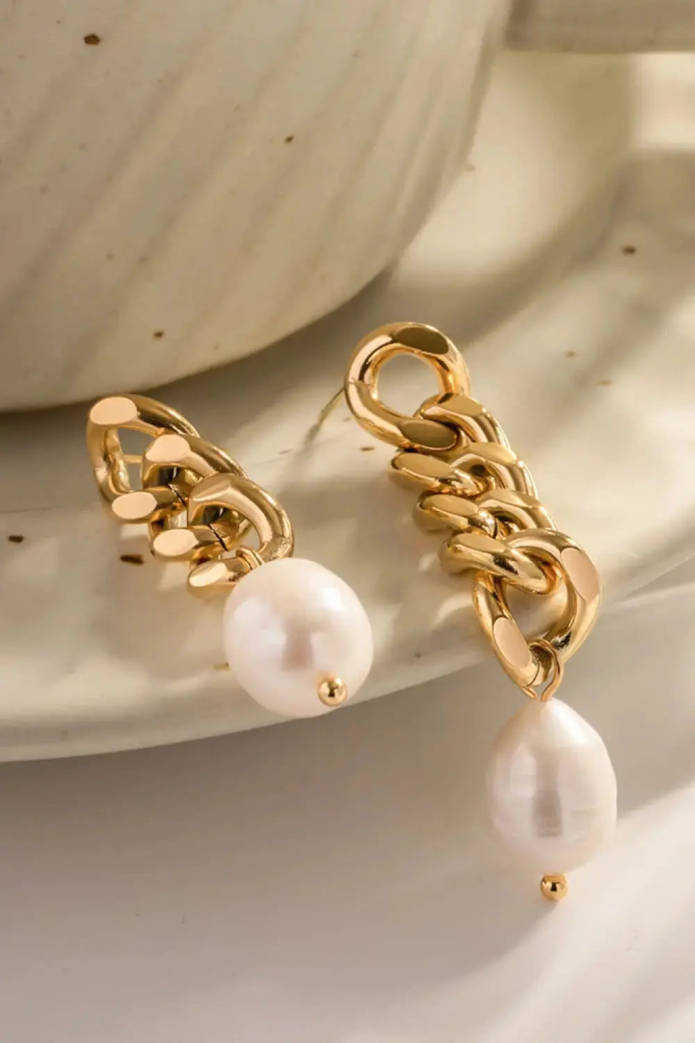 Lovcia Stainless Steel Pearl Asymmetrical Earrings-Earrings-Gold-One Size-Gold