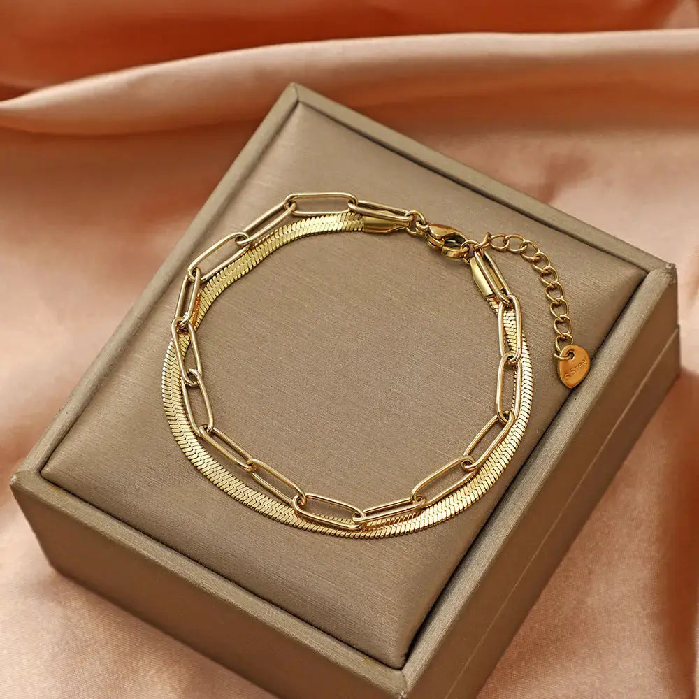 Lovcia Stainless Steel Snake Chain and Link Bracelet Set for Women - Adjustable Bracelet-Bracelets-Gold-Gold