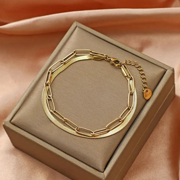 Lovcia Stainless Steel Snake Chain and Link Bracelet Set for Women - Adjustable Bracelet-Bracelets-Gold-Gold