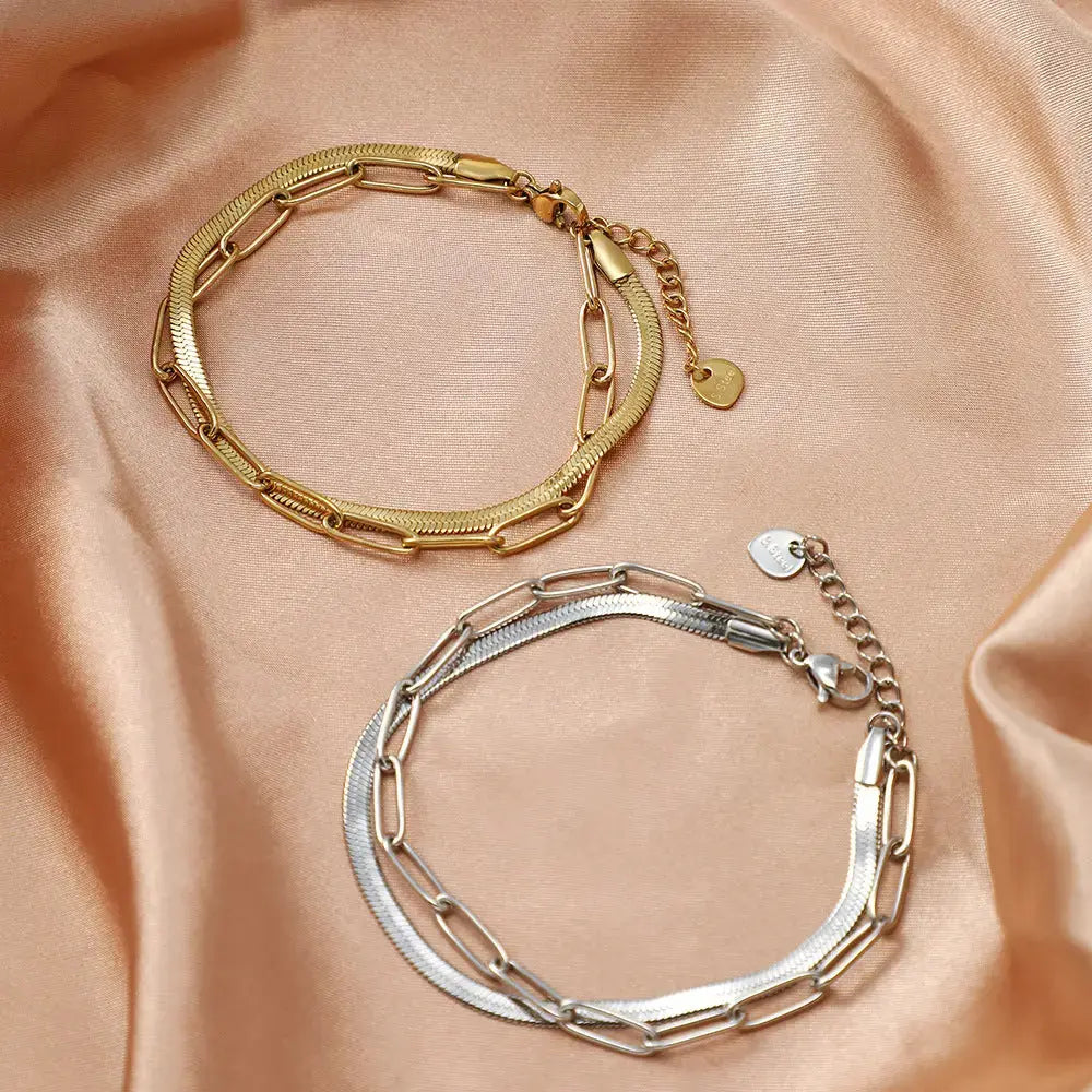 Lovcia Stainless Steel Snake Chain and Link Bracelet Set for Women - Adjustable Bracelet-Bracelets-Gold-Gold