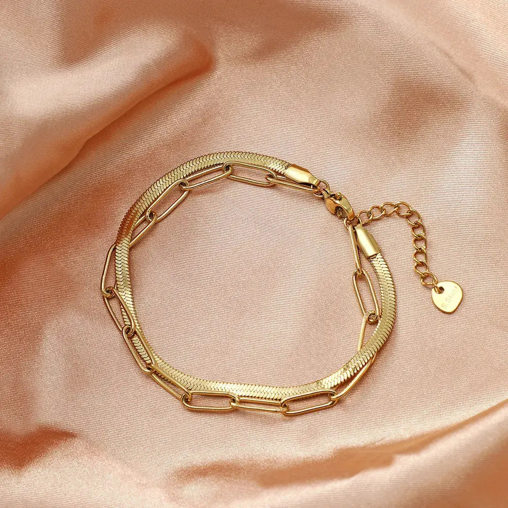 Lovcia Stainless Steel Snake Chain and Link Bracelet Set for Women - Adjustable Bracelet-Bracelets-Gold-Gold