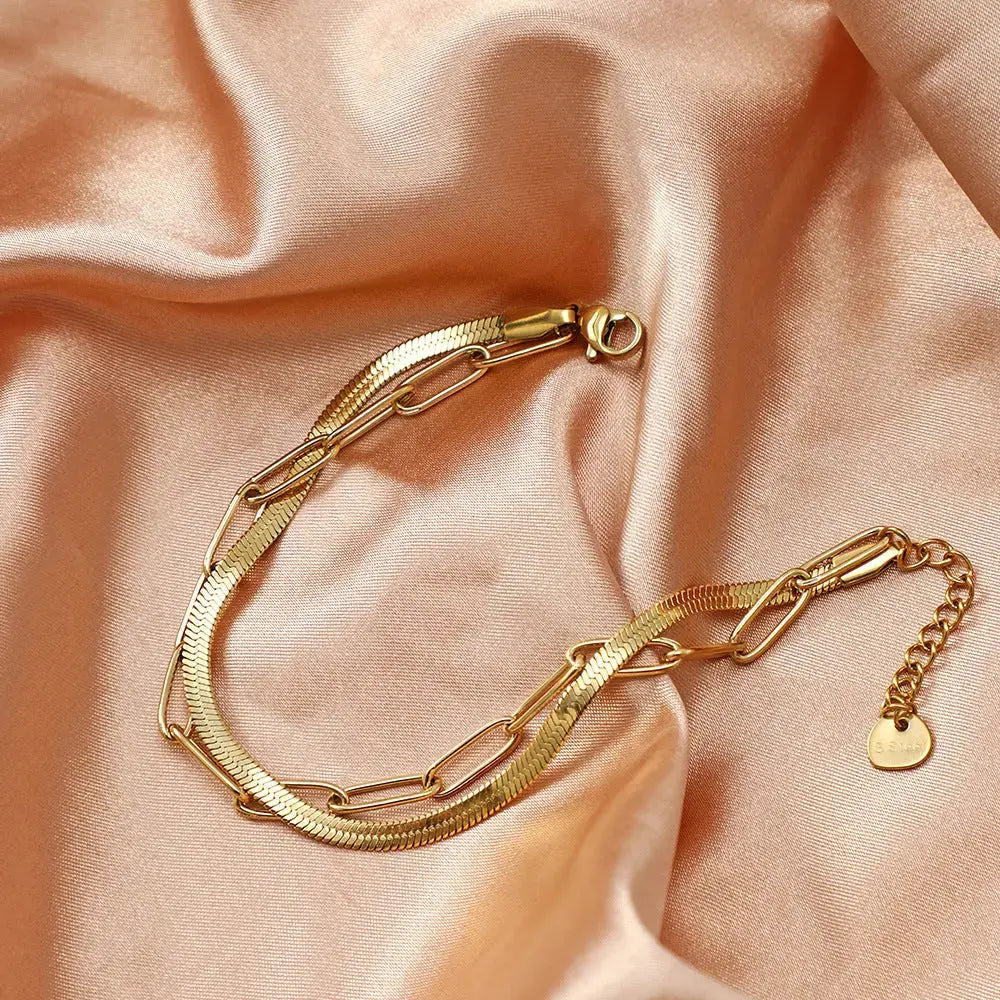 Lovcia Stainless Steel Snake Chain and Link Bracelet Set for Women - Adjustable Bracelet-Bracelets-Gold-Gold