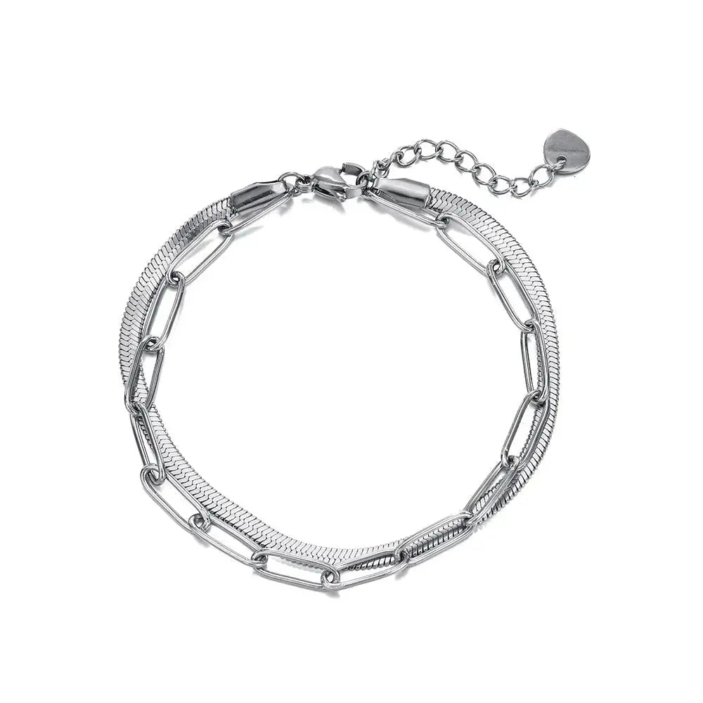 Lovcia Stainless Steel Snake Chain and Link Bracelet Set for Women - Adjustable Bracelet-Bracelets-Silver-Silver