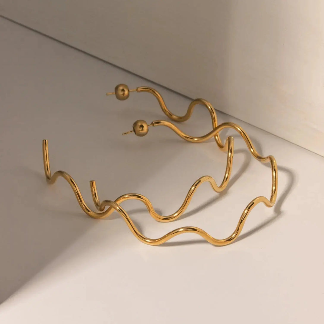 Lovcia Stainless Steel Wave Shape C-Hoop Earrings-Earrings-Gold-One Size-Gold