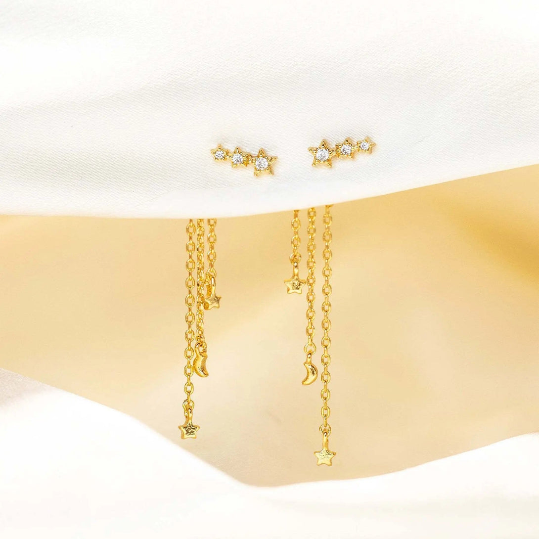 Lovcia Starry Moon Tassel Earrings for Women - Long Brass Silver Needle-Earrings-463Style-463Style