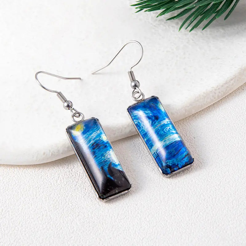 Lovcia Starry Night Vintage Rectangular Glass Dangle Earrings for Women-Earrings-Glass-Glass