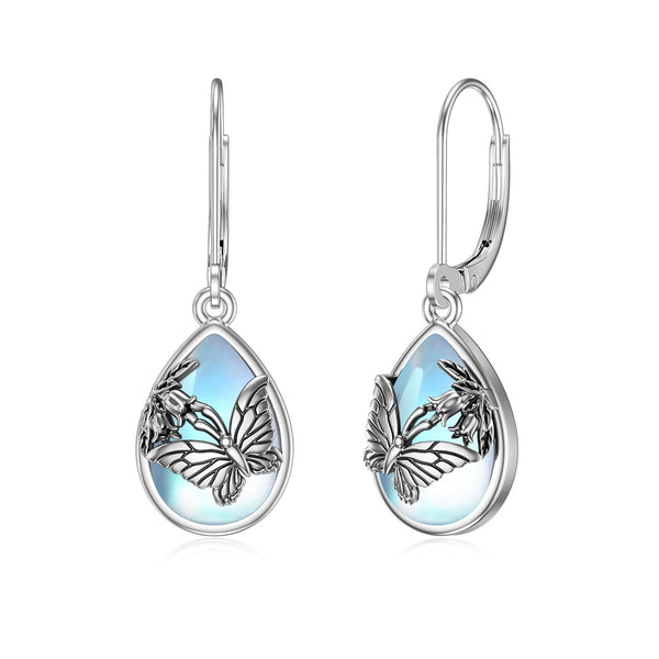 LOVCIA Sterling Silver 925 Butterfly Moonstone Leverback Earrings for Women