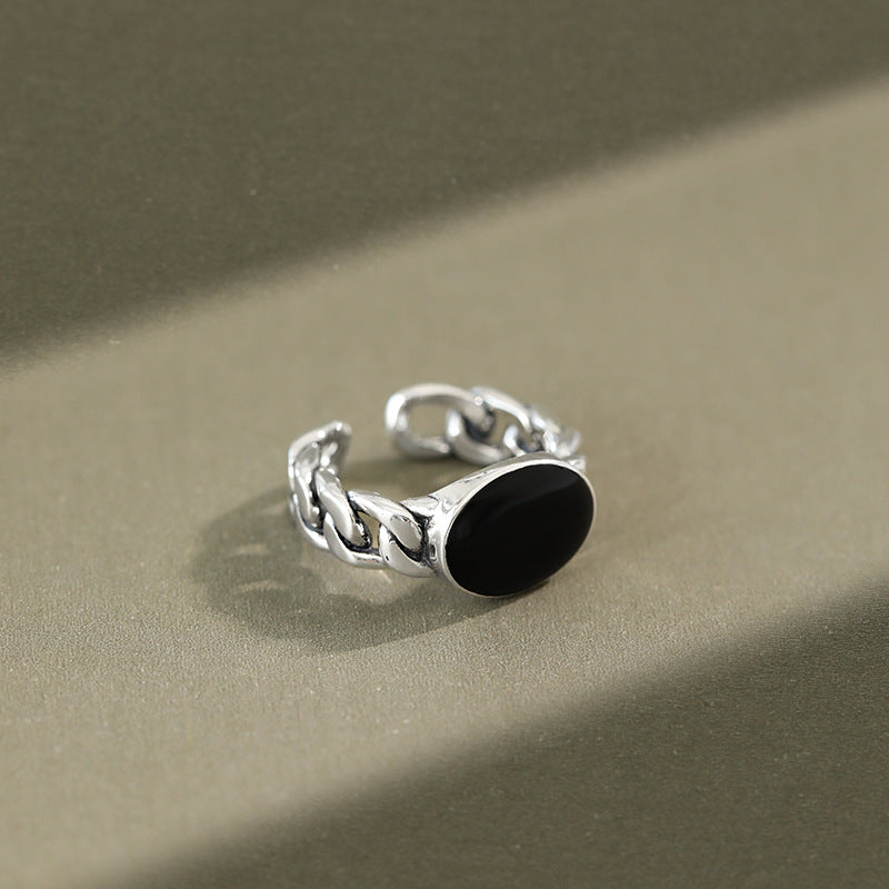 Lovcia Sterling Silver Adjustable Ring Black Epoxy Oval-Rings-Vintage-Vintage
